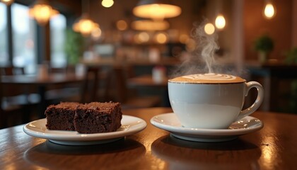 Steaming cup of cappuccino with latte art and two chocolate brownies on wooden table. Cozy cafe interior background. Enjoying hot drink and dessert.