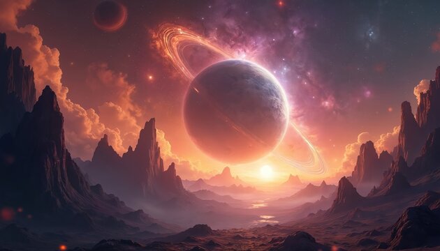 Alien planet landscape with ringed gas giant in sky. Rocky terrain under orange clouds with distant sun illuminating nebula and cosmic dust. Distant moon or planet orbits nearby. - Powered by Adobe