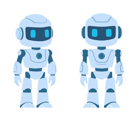 Two friendly blue robots standing upright looking forward in a modern simple illustration
