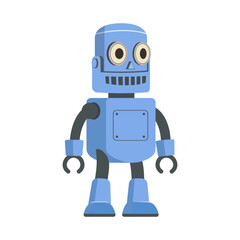 Friendly Blue Robot Standing Looking Forward with Big Eyes and a Pleasant Expression Modern Simple Illustration