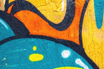 Naklejka premium Bold street art graffiti in turquoise, orange, yellow. Urban 90s style, vibrant textures, abstract shapes. Backgrounds, creative banners, digital art, modern 90s design, urban visuals.