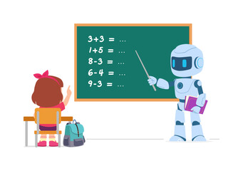 Smart Robot Teacher Explains Math Problems to Engaged Young Girl Student Raising Hand