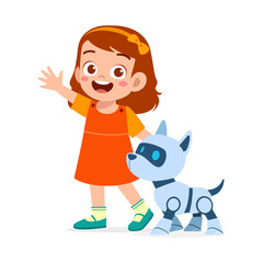 Happy Asian little girl smiling waving hand beside her cute robot dog cartoon illustration