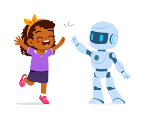 Young Black girl happily high-fiving a friendly robot in a joyful interaction