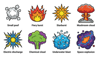 Cartoon Explosion Set Small Poof Fiery Burst Starburst Mushroom Cloud Electric Chemical Underwater Space ©  MVectors
