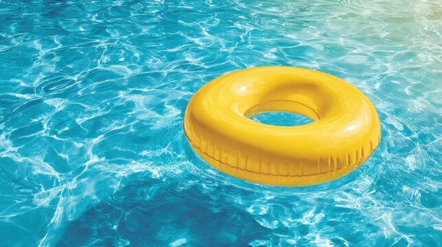 A vibrant float ring bobs gently on the clear water while sun rays dance above inviting relaxation.