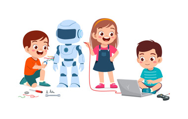 Joyful Asian children excitedly learn robotics working on a robot with tools laptop and wires