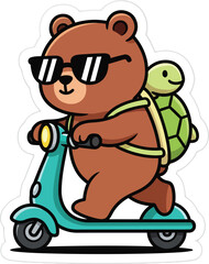 A cool cartoon brown bear in sunglasses riding a teal scooter with a happy turtle passenger. © Vira