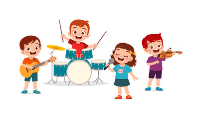 Happy Asian Children Playing Musical Instruments Together Forming a Joyful Band with Guitar Drums Vocals and Violin