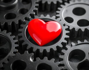 Close-up of a red heart nestled in a set of interlocked mechanical gears