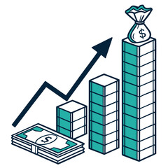 Stacked pillars forming upward financial graph with money