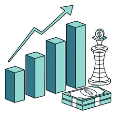 Stacked pillars forming upward financial graph with money and chess piece