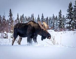Large moose with antlers walks through fresh, snowy landscape