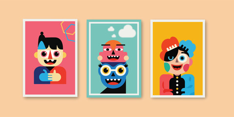 Three quirky cartoon portraits with geometric and colorful designs