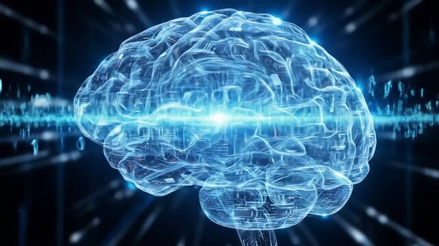 Artificial intelligence brain with circuits and binary code. 4k video