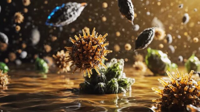 A microscopic view illustrating bacteria, viruses, and environmental elements interacting in a fluid landscape, showcasing intricate details of microbial life in vibrant colors
