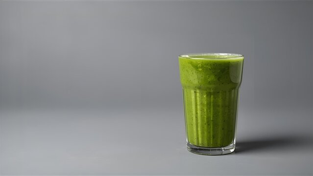 A studio shot showing a glass filled with a healthy green smoothie on a grey background.
