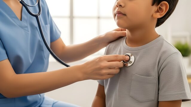 Pediatric practitioner checking a child&rsquo;s neck and shoulders with stethoscope, both seated in bright clinic, diverse skin tones, focus on caring hands and medical tools 
