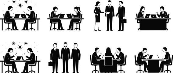 Business meeting teamwork illustration, professional office collaboration people discussion, corporate conference teamwork concept, black white silhouette vector icons