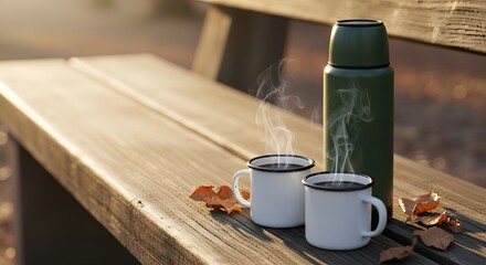 Steaming mugs and a thermos sitting on a rustic wooden bench during a cozy autumn morning concept with warm sunlight