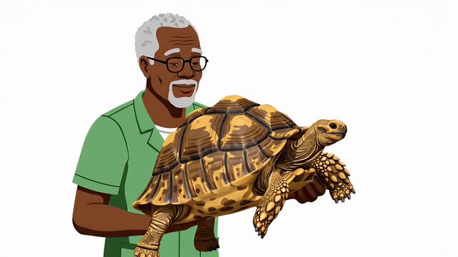 Elderly man in green kneeling and smiling while holding a large tortoise animation
