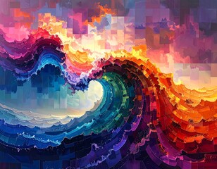 Mosaic-style depiction of a wave cresting, colorful sky above