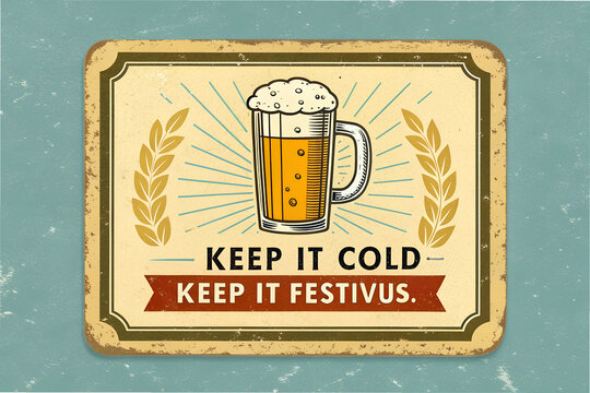 Retro Festivus sign with frosty beer mug and wheat accents&mdash;blending humor, celebration, and vintage charm with &ldquo;Keep It Cold, Keep It Festivus&rdquo; spirit. generative ai