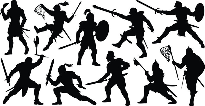 Dynamic Silhouettes of Ancient and Medieval Warriors Engaged in Fierce Combat