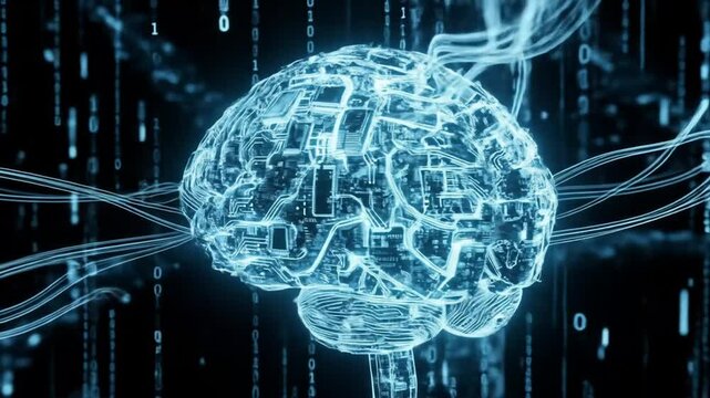 Artificial intelligence brain with circuits and binary code. 4k video