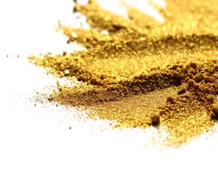 Close-up of gold glitter particles scattered on a white surface