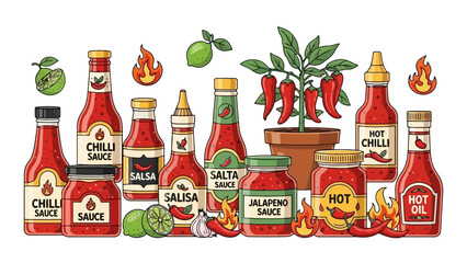 Assortment of Spicy Sauces and Ingredients, Vector Illustration