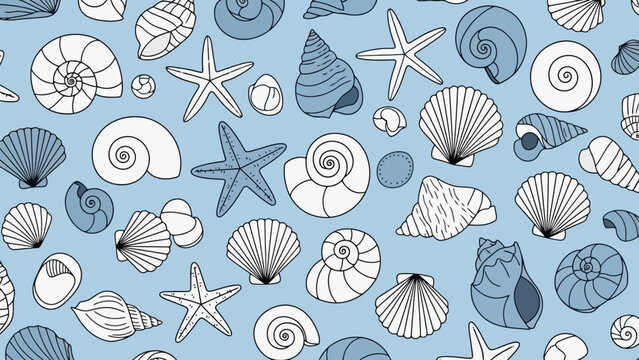 Seamless pattern of various seashells and starfish on a blue background