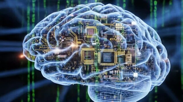 Artificial intelligence brain with circuits and binary code. 4k video