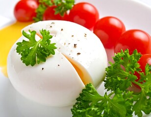 Close-up of halved hard-boiled egg with tomatoes and parsley on a white plate