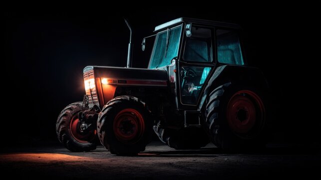 diesel tractor engine partially lit at night, agricultural machinery, dark background, strong rugged mood, negative space for title, realistic