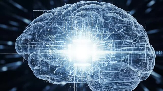 Artificial intelligence brain with circuits and binary code. 4k video