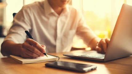 Focused Workflow: Capturing a person meticulously engrossed in the dynamic blend of digital and traditional note-taking, a scene of concentrated dedication.