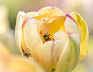 Close-up of a tulip's interior with insects enjoying nectar