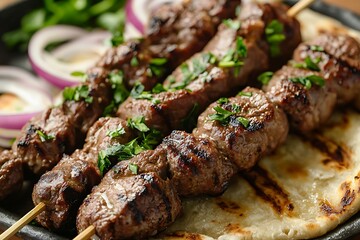 Delicious grilled meat kebab platter high resolution picture