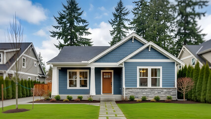 A small blue house with a green lawn and trees in the background