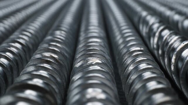 Close-up view of a row of metallic industrial pipes with a corrugated texture, showcasing a pattern of parallel lines