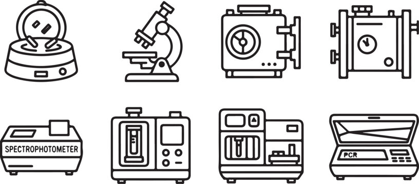 Line drawings of various laboratory and scientific equipment