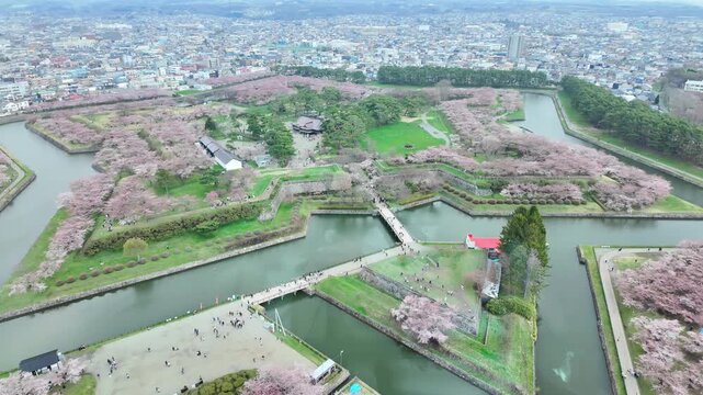 Beautiful Sakura Cherry Blossom in Spring season from Goryokaku Tower in Hakodate city, Hokkaido prefecture, Japan. landmark for tourists attractions in Hokkaido, Japan Travel and destination