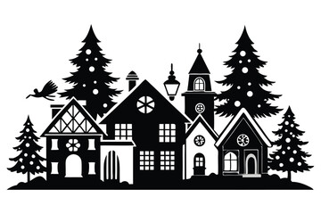 christmas village line art silhouette vector illustration
