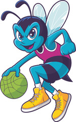 Obraz premium Cartoon bee sports player character with athletic stance dribbling a green basketball, vibrant comic-style illustration emphasizing energy, teamwork, sportsmanship, fitness, youth, dynamic action, mod
