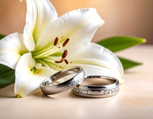 Close-up of rings beside a white lily flower, with green leaves