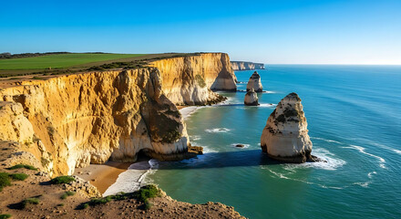 Scenic view of Twelve Apostles limestone rock formations along ocean coastline with clear blue water and sky on sunny day in Victoria Australia landscape