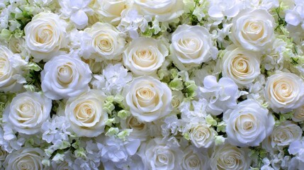 Obraz premium Soft white roses and delicate orchids create a stunning floral backdrop for events and gatherings.