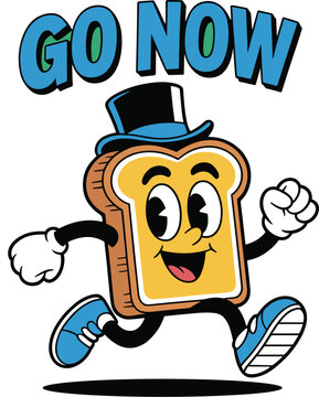 Cute cartoon anthropomorphic slice of bread with smiling face, eyes, arms, legs, wearing a black top hat and sneakers, running happily on a vibrant green background, cheerful and lively illustration s