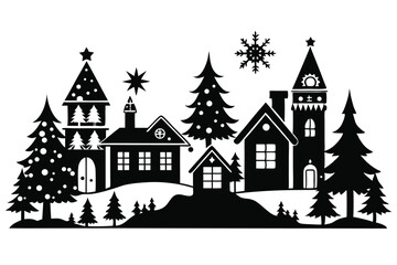 Fototapeta premium christmas village line art silhouette vector illustration